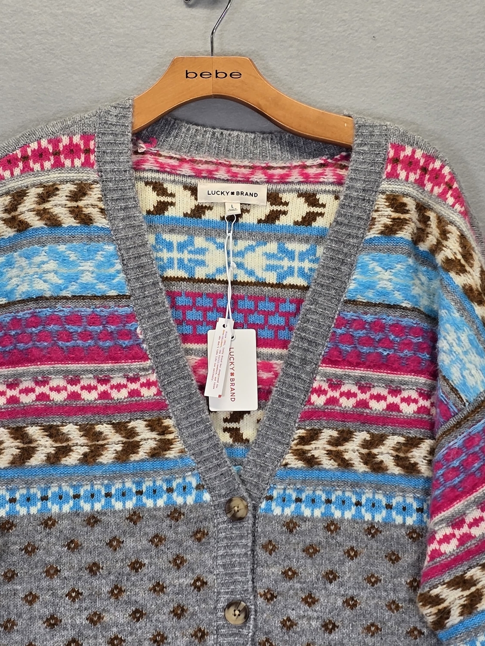 Lucky Brand Gray Pink Multi Aztec Fair Isle Look Cardigan Size Large - Picture 3 of 10